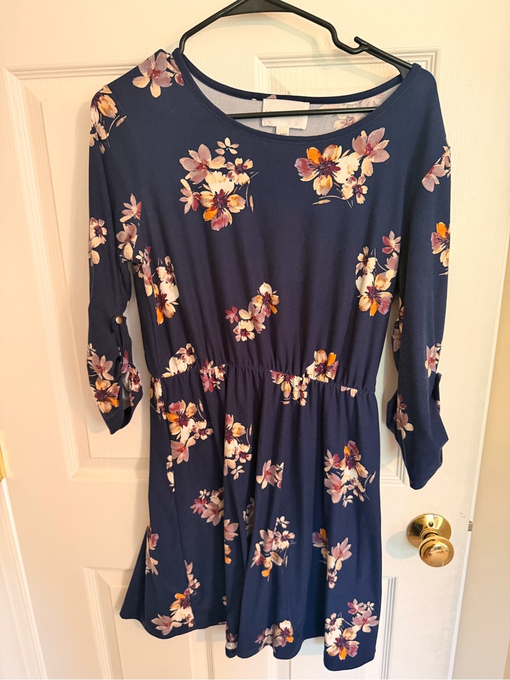 French Grey Navy Floral Fit-and-Flare Long Sleeve Dress